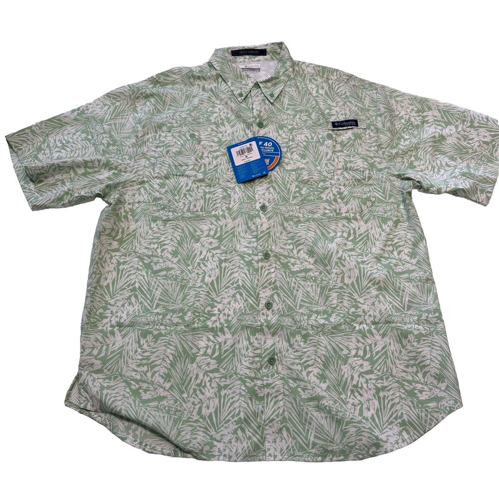 Columbia PFG Men Medium Super Tamiami White Green Printed Short Sleeve Shirt